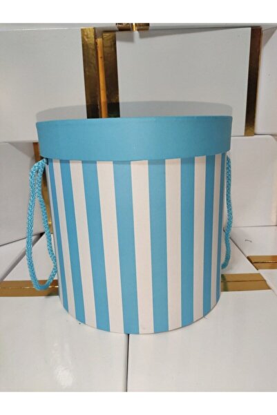 Stil Kutu Yuvarlak Silindir Kutu Mavi Renk Beyaz Çizgili Silindir Hediyelik K...