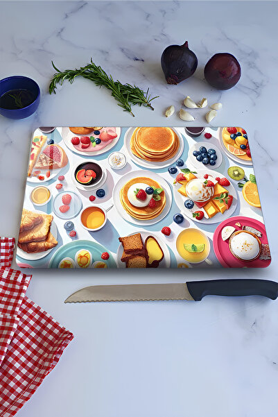 kutuTR Renkli Kahvaltı Sofrası Desenli Temperli Cam Kesme Tahtası 21X30 cm Eb...