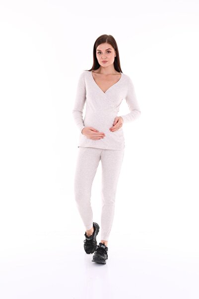 MEGHAN L.A Cream Maternity Breastfeeding Flexible Fabric Blouse