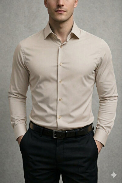 cathe cat Slim Fit Long Sleeve Easy Iron Cotton Satin Men's Shirt