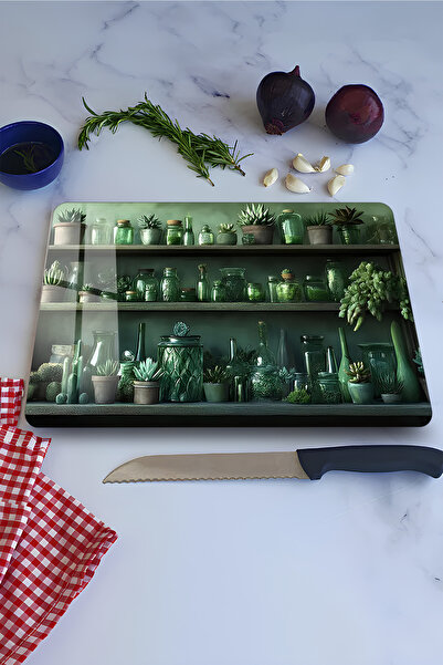 kutuTR Green Plants and Glass Bottles Themed Tempered Glass Cutting Board 21X...