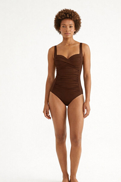 Bermody Fridan Drapeli Brown Swimsuit & Pareo Set of 2, Set of Adjustable Strap with Thinning Effect - Pareo (145X90 cm)