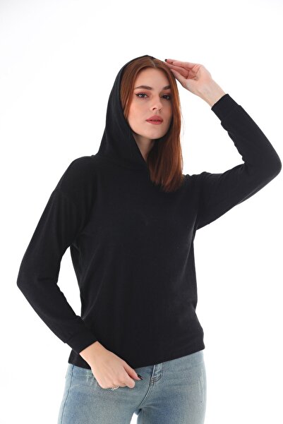 MEGHAN L.A Μαύρη ελαστική μπλούζα με κουκούλα από μαλακό ύφασμα