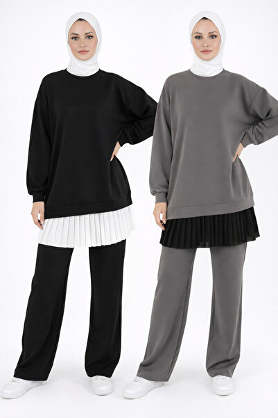 ULKER AYDIN Kıyafet Uzatıcı 2’li Avantaj Seti: Siyah-Beyaz Piliseli Krep İçli...