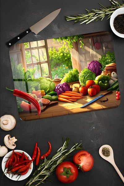 kutuTR Kitchen Window and Vegetable Themed Tempered Glass Cutting Board 21X30 cm Size Uv Printing - Ckt023