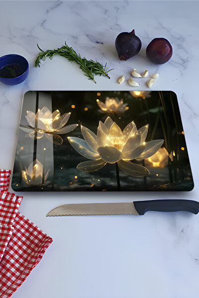 kutuTR Işıklı Lotus Çiçeği Desenli Temperli Cam Kesme Tahtası 21x30 cm Ebadın...