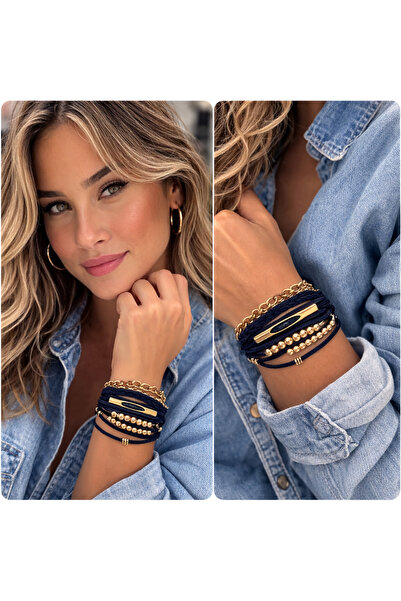 Kutcha Accessories Navy Blue Multi-Look Leather Bracelet – Silver / Gold Deta...