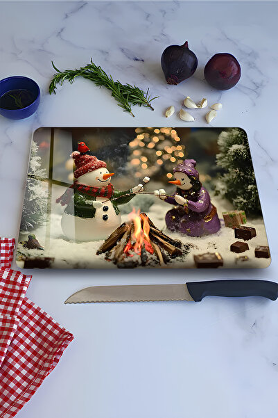 kutuTR Snowman Themed Tempered Glass Cutting Board 21X30 cm Size Uv Printing ...