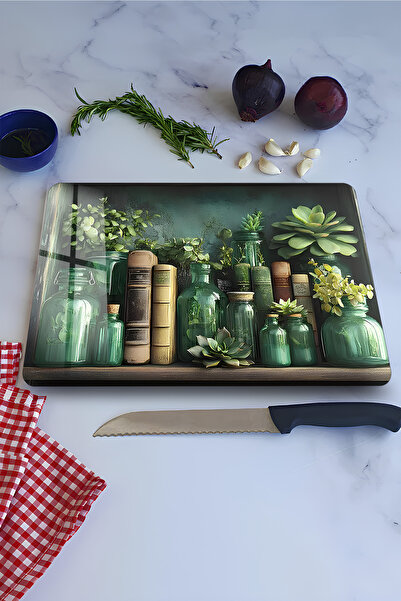 kutuTR Green Bottles and Plants Themed Tempered Glass Cutting Board 21X30 cm ...