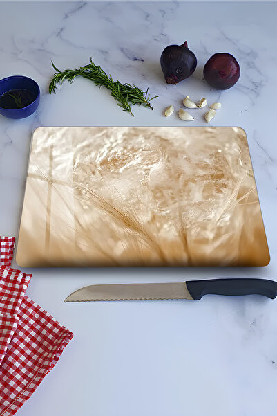 kutuTR Temperli Cam Kesme Tahtası – Buğday ve Doğal Işık Desenli, 21x30 cm Eb...