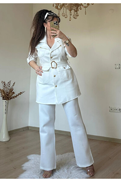 AZRA BUTİK طقم بأزرار ذهبية مع حزام أبيض