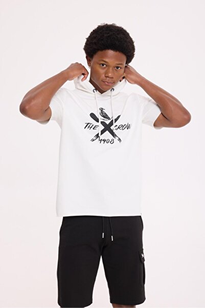 The Crow Hanorac alb pentru bărbați cu guler cu glugă TC3903-100 RUN