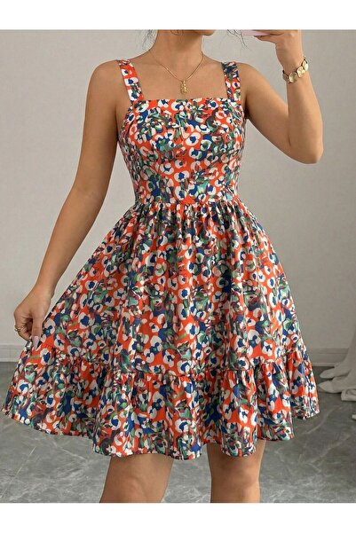 mass fashion Kadın Gipeli Askısı Bağcıklı Leopar Desenli Kısa Elbise