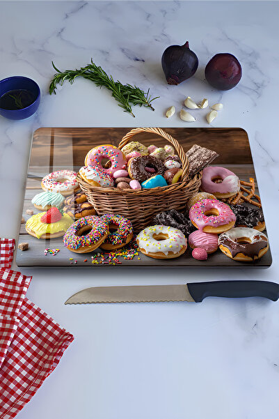 kutuTR Tempered Glass Cutting Board – Colorful Donut Basket Themed Uv Printin...