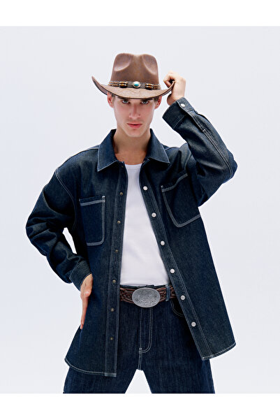 Koton Übergroße Denim-Hemdjacke aus Baumwolle – Taschendetail