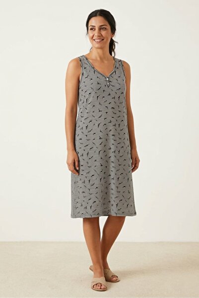 enmodaiçgiyim Άνετο Μαύρο Φόρεμα Ριγέ Kuş Με σχέδιο 100% με λαιμόκοψη V και μ...