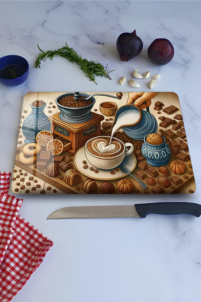 kutuTR Tempered Glass Cutting Board – Coffee and Chocolate Themed Uv Printing...