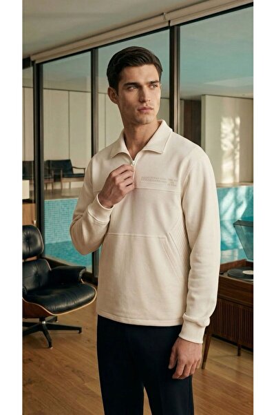 Eight Fashion Men's Half Zip Polo Neck Cotton Quilted Relaxed Sweatshirt