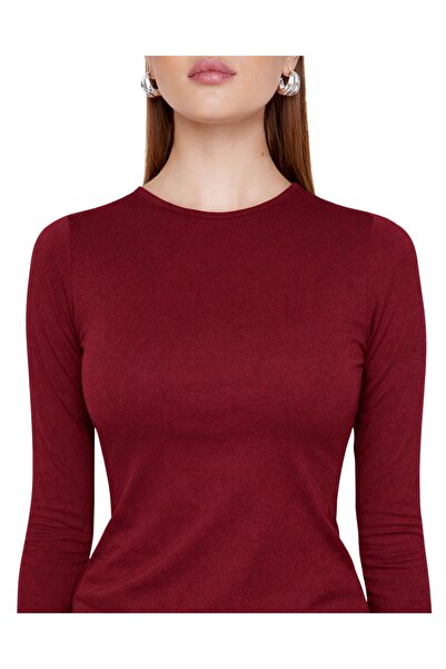 MODASPARK Body cu mânecă lungă pentru femei, ultra moale, Burgundy guler rotu...