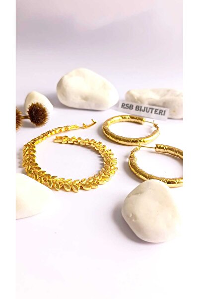 RSB Bijuteri Küpe Halka ve Bileklik Altın Kaplama 316 L Çelik 2'li Set + Hedi...