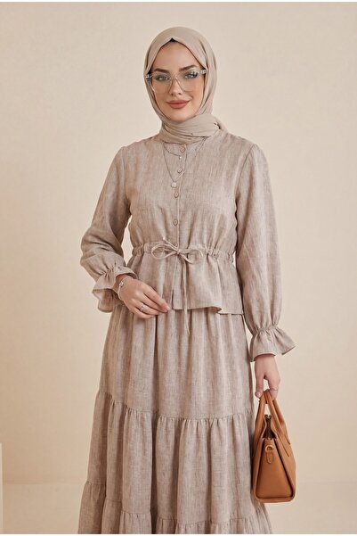 HİJABAYA Κουμπιά μπροστά, ελαστικό μανίκι, κορδόνια τούνελ, Λινό σετ