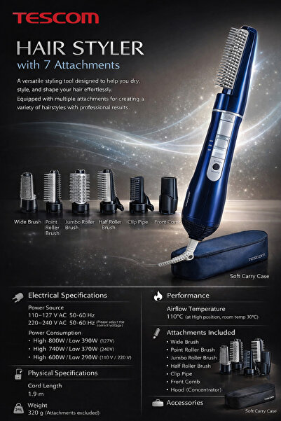 TESCOM Hair Styler dryer with 7 attachments