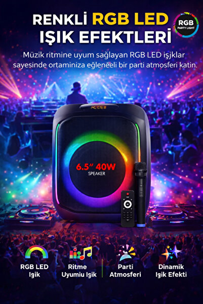 Maybax MIO Taşınabilir Mikrofonlu 40 W Parti Kablosuz Mikrofon Kumandalı Bluetooth Hoparlör Led Işıklı