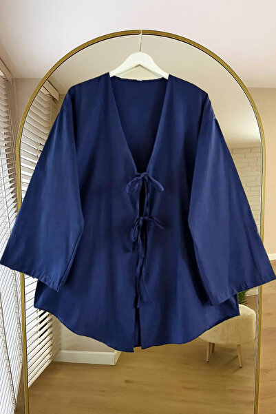 fumel women's clothing Navy Blue Kimono Tunic with Tie Front
