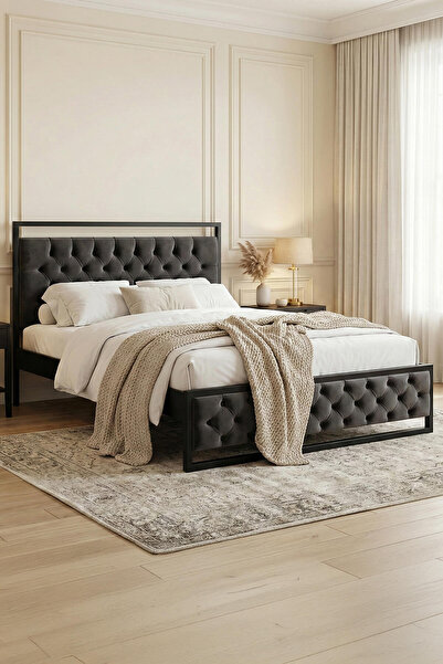 Unimet Mithra Çift Kişilik Metal Karyola Siyah (AHŞAP LATALI)