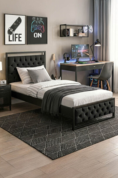 Unimet Mithra Tek Kişilik Metal Karyola Siyah (AHŞAP LATALI)