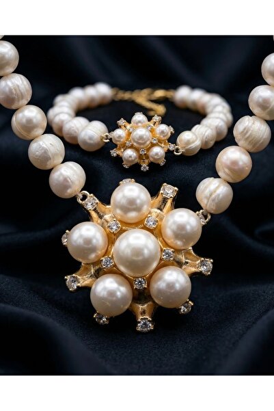 MahzeminSarraf 8-10MM (24K) ALTIN KAPLAMA UÇLU GERÇEK İNCİ SET SERTİFİKALI