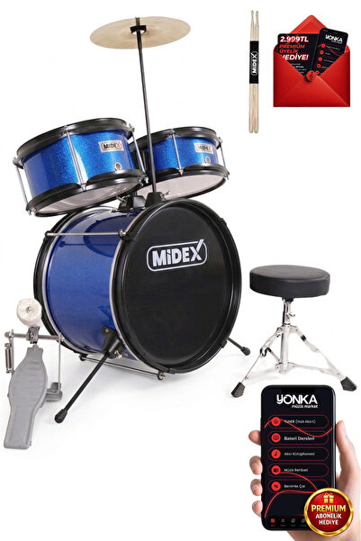 Midex Cd300x-blue Akustik Junior Çocuk Baterisi Davulu 5-14 Yaş Için Full Set