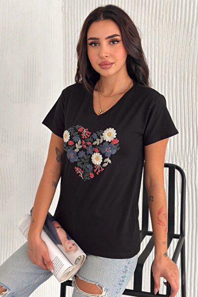 Cassime تي شيرت نسائي أسود اللون مطرز بالزهور 100% قطن برقبة على شكل حرف V