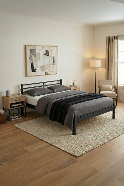 Unimet Asos-s Çift Kişilik Ferforje Metal Karyola-siyah (AHŞAP LATALI)