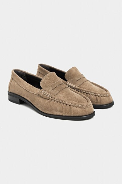 NİŞANTAŞI SHOES Naty Rome Bej Süet Hakiki Deri Kadın Loafer Ayakkabı