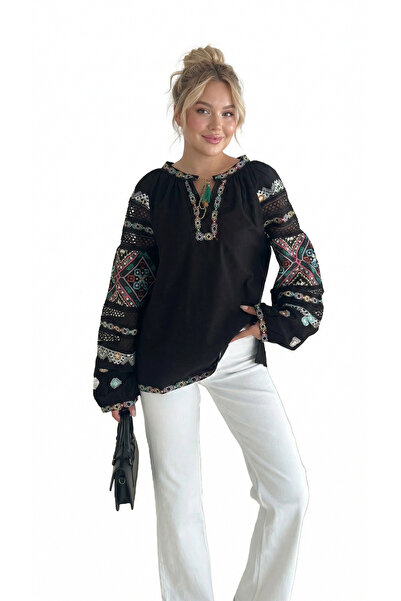 Matcha Butik Women's Plus Size Black Tasseled Embroidered Blouse