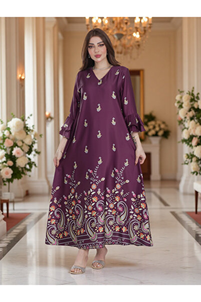 Finelook Plum Floral Printed Modest Dress with Flared Sleeves – Elegant Every...