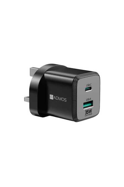 ADMOS شاحن جداري فائق السرعة بتقنية GaN بقدرة 35 واط مزود بمنفذي USB وتايب سي