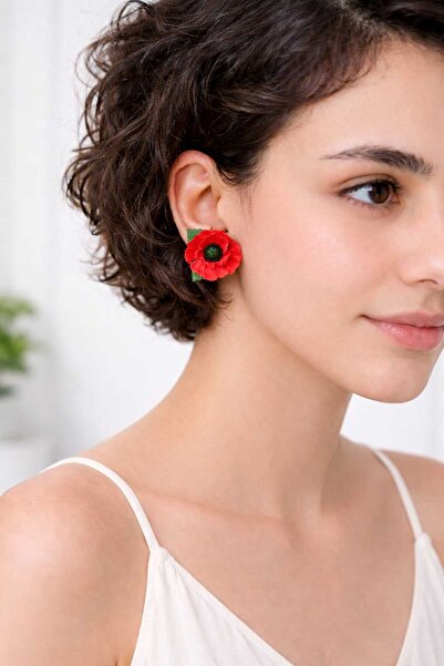 Nacreous Arts Wild Poppy F Lamé (Mini) Handmade Poppy Earrings–Red Floral Pol...