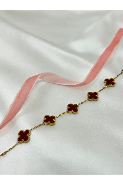 Solena Ninsun Bordo Gold Yonca Şans Bileklik