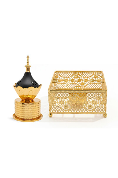 Generic مبخرة ذهبية فاخرة للعيد بغطاء اسود + قاعدة ذهبية مع شمعدان ذهبية