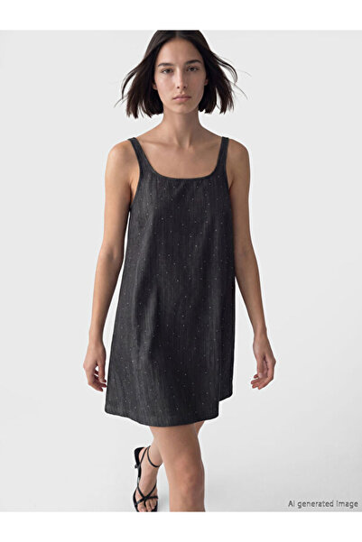 LC Waikiki U-Neck Strap Stoned Mini Jean Dress