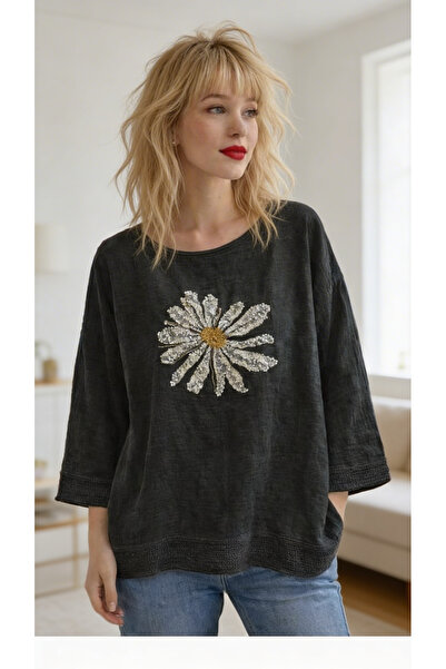 Matcha Butik Women's Linen Sequin Daisy Blouse