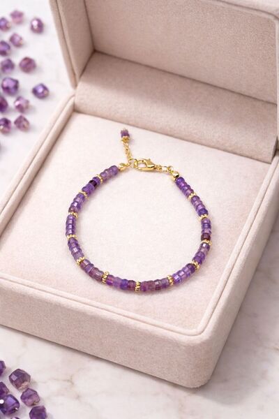 Agatella Tasarım Amethyst Stone Steel Bracelet |   Cube Cut Elegant Purple Wo...