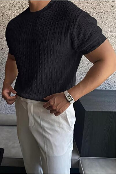 Oksit Kelly Lüks Seri Erkek Slim Fit Saç Örgü Desenli Bisiklet Yaka Kısa Kollu Triko Tişört