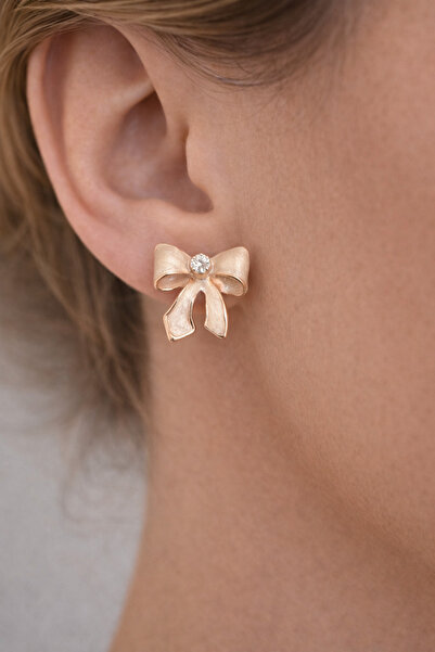 Takıtolia Zinae Beige Butterfly Figured Crystal Stone Stylish Gold Framed Ear...