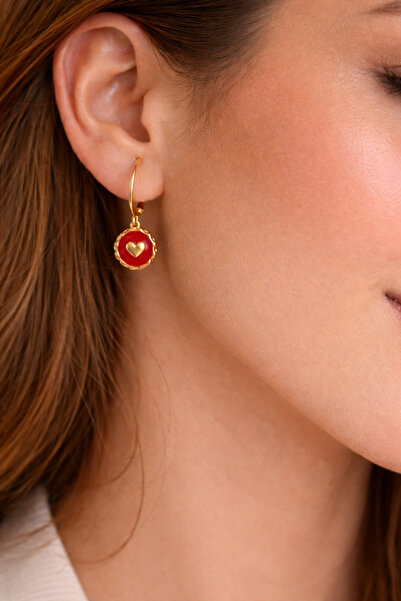 Takıtolia Zerin Gold Framed Red Colored Heart Figured Dangle Stylish Design E...
