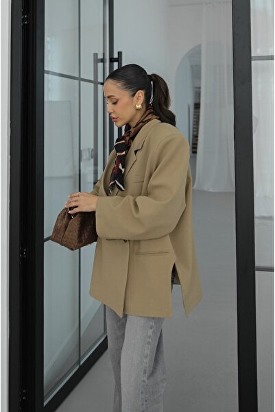 Havoş Beige Leather n slit detailed blazer jacket