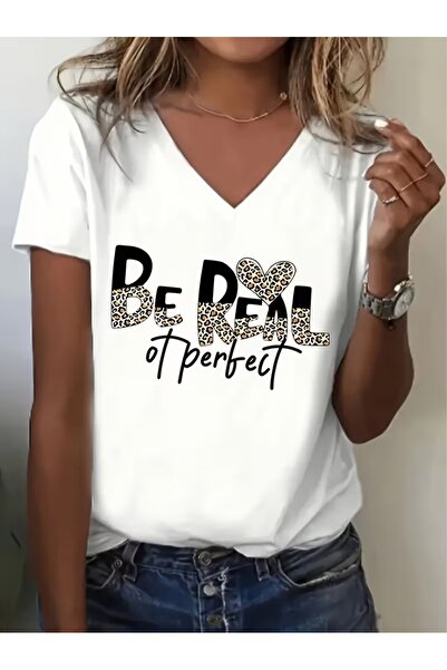 JENOLAN Women's V-Neck Be Real Printed White/Black T-Shirt Loose Fit Oversized