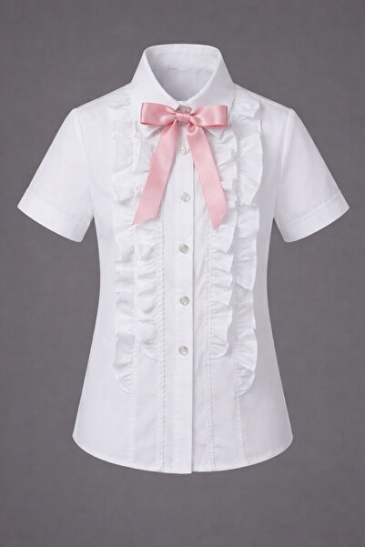 Nacar Kız Çocuk Fırfır Detaylı Papyonlu Gömlek 23 Nisan 29 Ekim Gösteri Kıyafeti